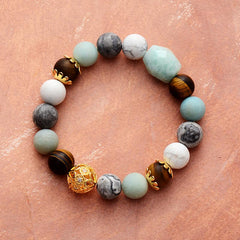 Boho Bracelet, Stretchy Bracelet, Blue Amazonite, Tiger Eye and Howlite