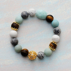 Boho Bracelet, Stretchy Bracelet, Blue Amazonite, Tiger Eye and Howlite