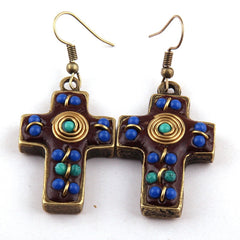 Boho Earrings, RH Dangle Earrings, Red & Blue Metal Cross