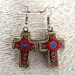 Boho Earrings, RH Dangle Earrings, Red & Blue Metal Cross