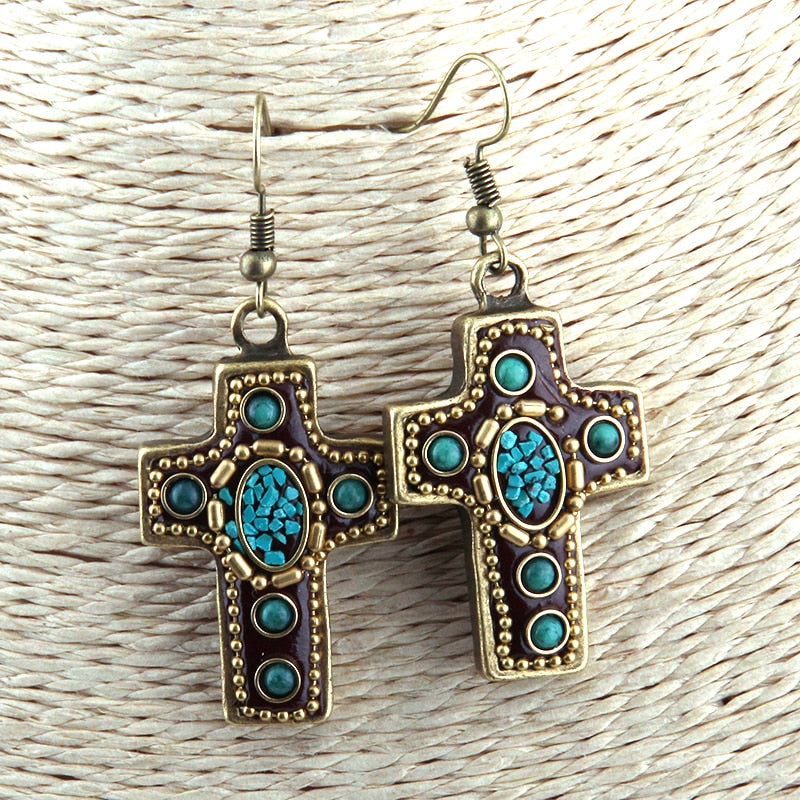 Boho Earrings, RH Dangle Earrings, Red & Blue Metal Cross