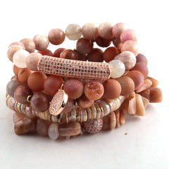 Boho Bracelet, RH Bracelet Set, Cubic Zircon Ball, Natural Stones Ball in Pink  Rose Gold