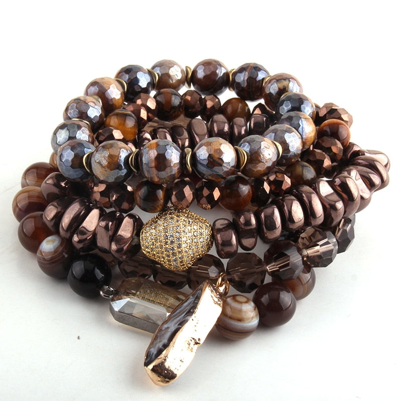 Boho Bracelet, RH Bracelet Set, Cubic Zircon Ball, Natural Stones Ball in Pink  Rose Gold