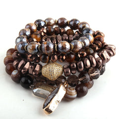 Boho Bracelet, RH Bracelet Set, Cubic Zircon Ball, Natural Stones Ball in Pink  Rose Gold