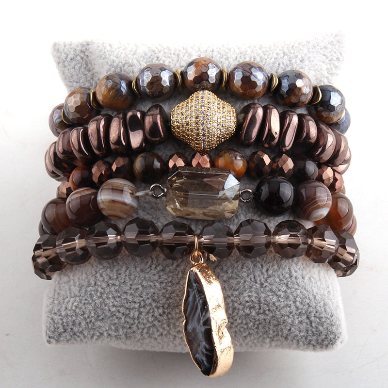 Boho Bracelet, RH Bracelet Set, Cubic Zircon Ball, Natural Stones Ball in Pink  Rose Gold