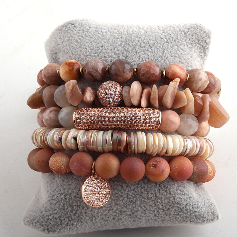 Boho Bracelet, RH Bracelet Set, Cubic Zircon Ball, Natural Stones Ball in Pink  Rose Gold