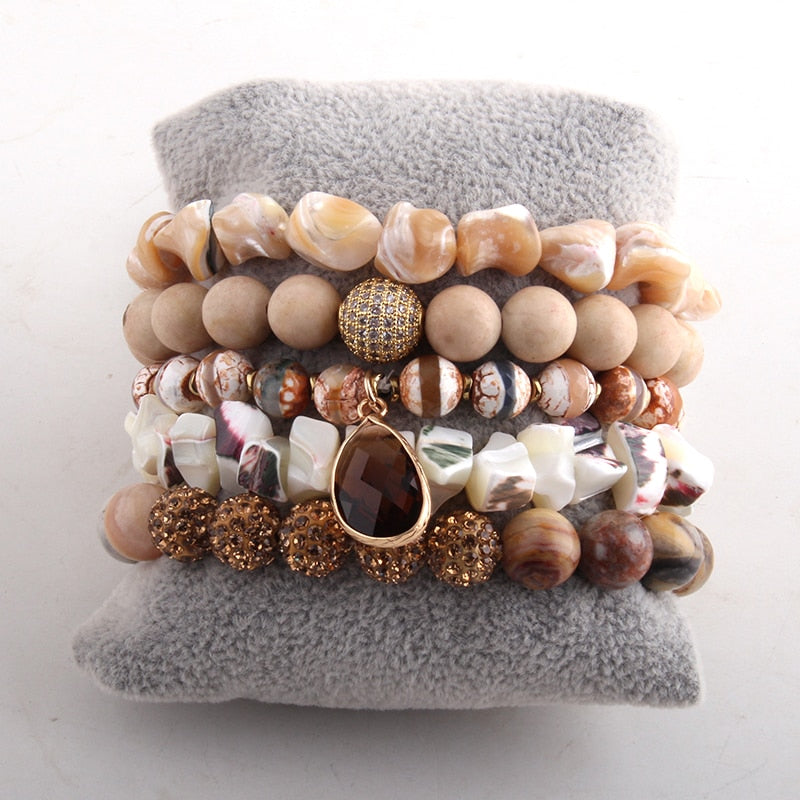 Boho Bracelet, RH Bracelet Set, Cubic Zircon Ball, Natural Stones Ball in Pink  Rose Gold