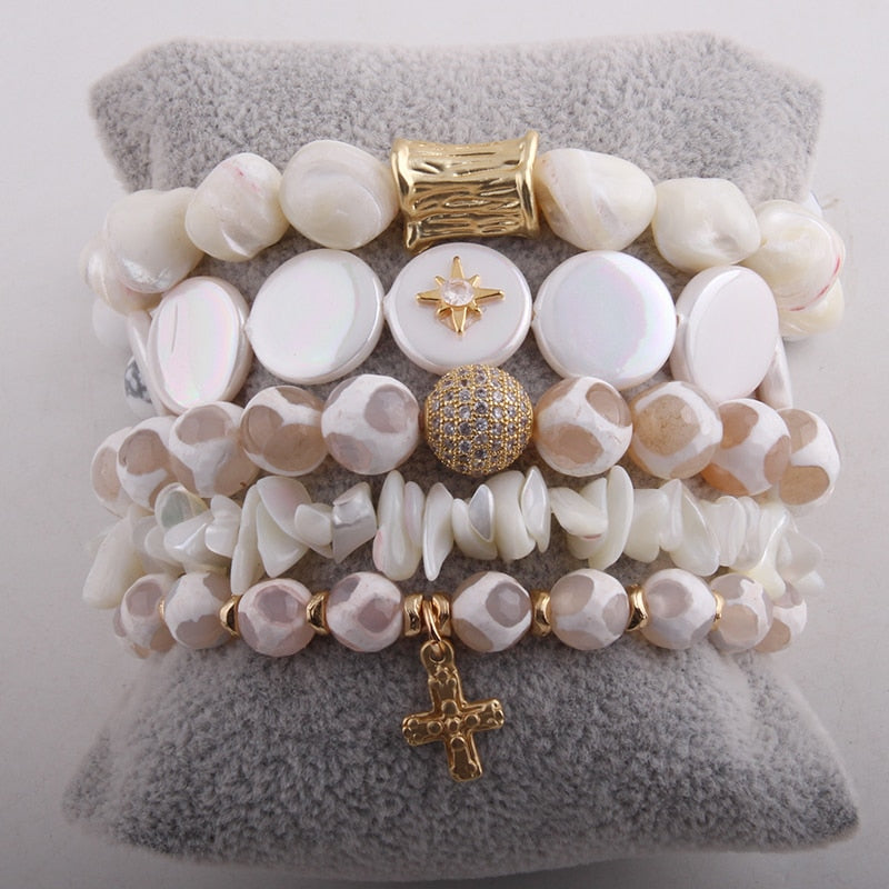 Boho Bracelet, RH Bracelet Set, Cubic Zircon Ball, Natural Stones Ball in Pink  Rose Gold