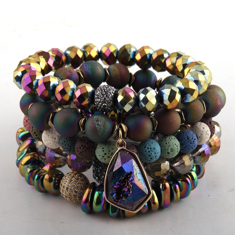Boho Bracelet, RH Bracelet Set, Cubic Zircon Ball, Natural Stones Ball in Pink  Rose Gold