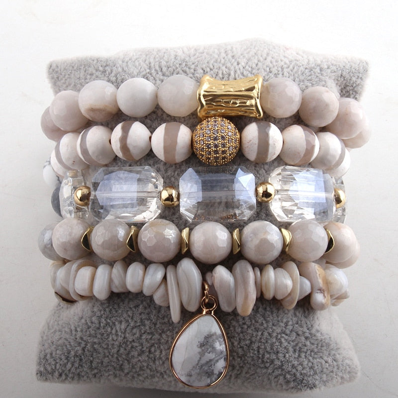 Boho Bracelet, RH Bracelet Set, Cubic Zircon Ball, Natural Stones,  in Black and White
