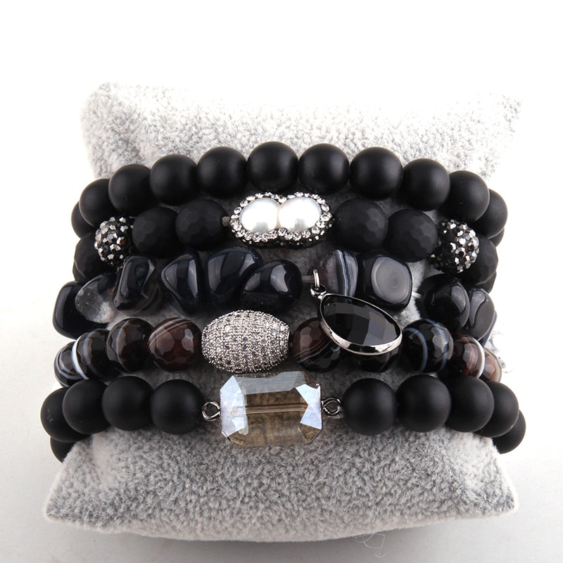 Boho Bracelet, RH Bracelet Set, Cubic Zircon Ball, Natural Stones,  in Black and White