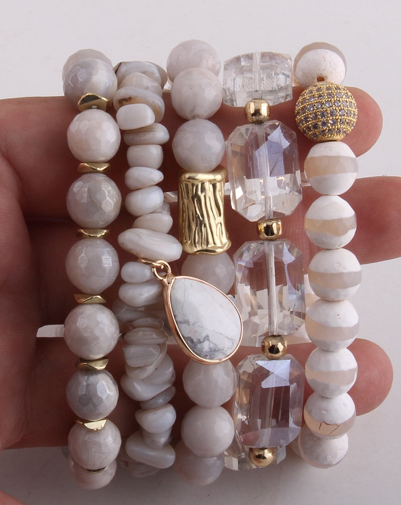 Boho Bracelet, RH Bracelet Set, Cubic Zircon Ball, Natural Stones,  in Black and White