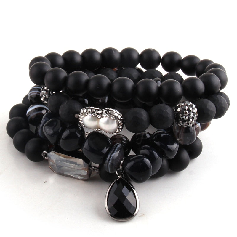 Boho Bracelet, RH Bracelet Set, Cubic Zircon Ball, Natural Stones,  in Black and White