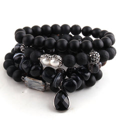 Boho Bracelet, RH Bracelet Set, Cubic Zircon Ball, Natural Stones,  in Black and White