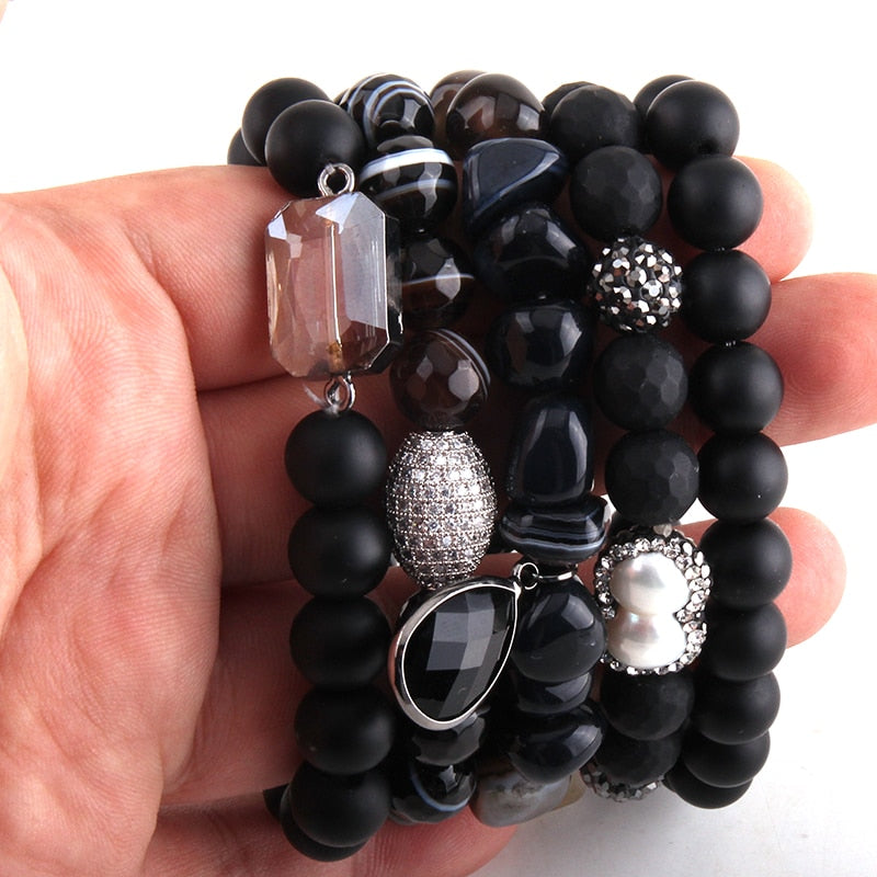 Boho Bracelet, RH Bracelet Set, Cubic Zircon Ball, Natural Stones,  in Black and White