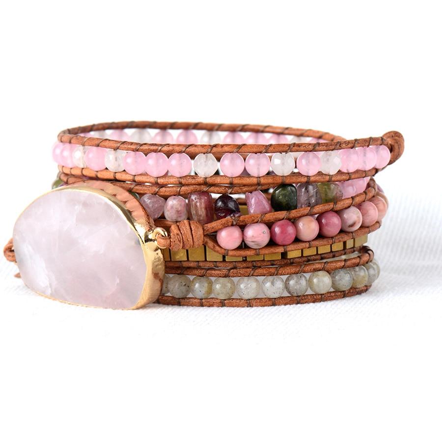 Boho Bracelet, 5 Layers Leather Wrap Bracelet, Natural Stone, Pink Tourmaline
