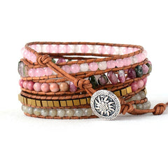 Boho Bracelet, 5 Layers Leather Wrap Bracelet, Natural Stone, Pink Tourmaline