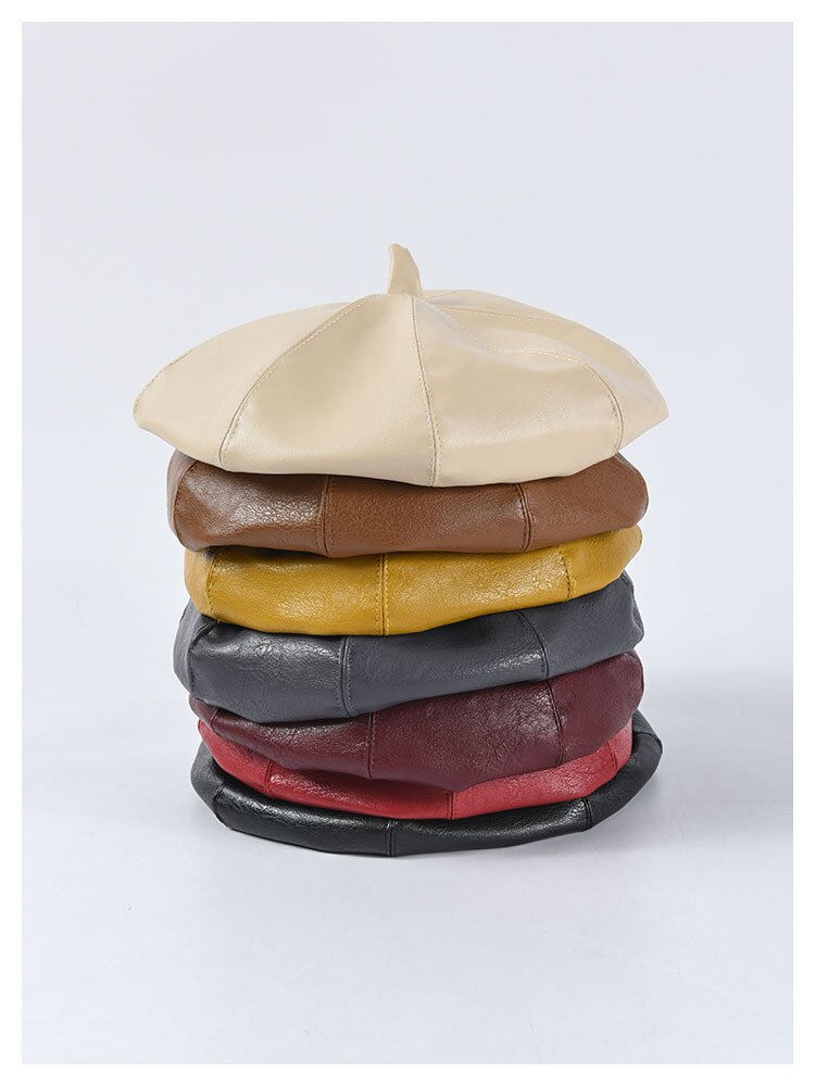 Boho Hat, Leather Beret Hat, Autumn in Beige , Red, Yellow and 9 colors