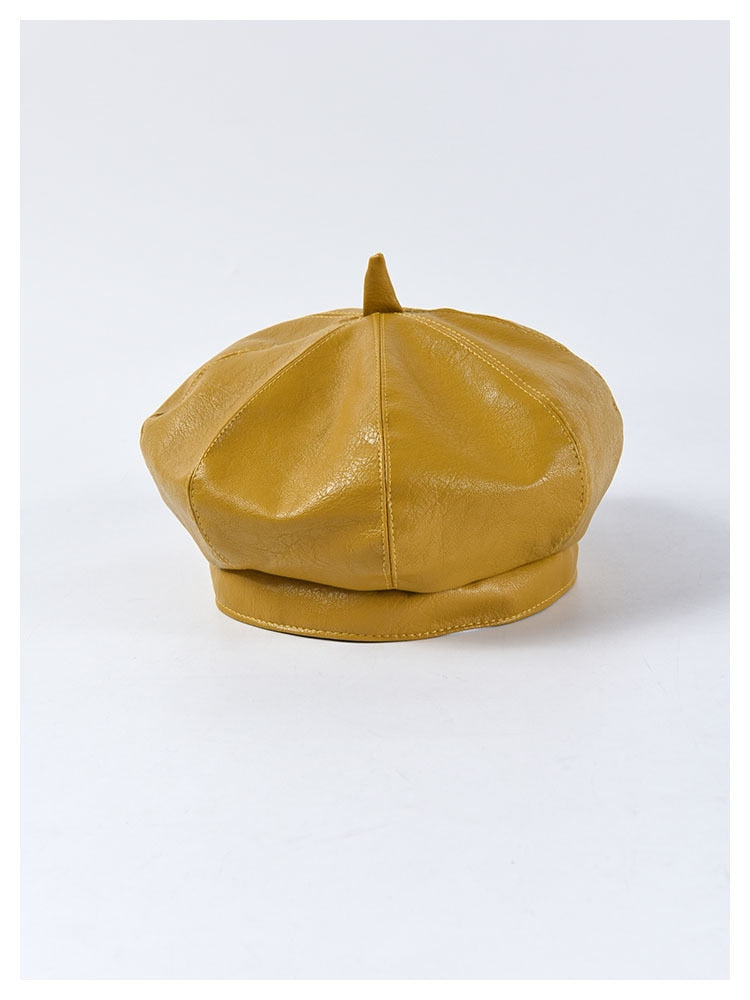 Boho Hat, Leather Beret Hat, Autumn in Beige , Red, Yellow and 9 colors