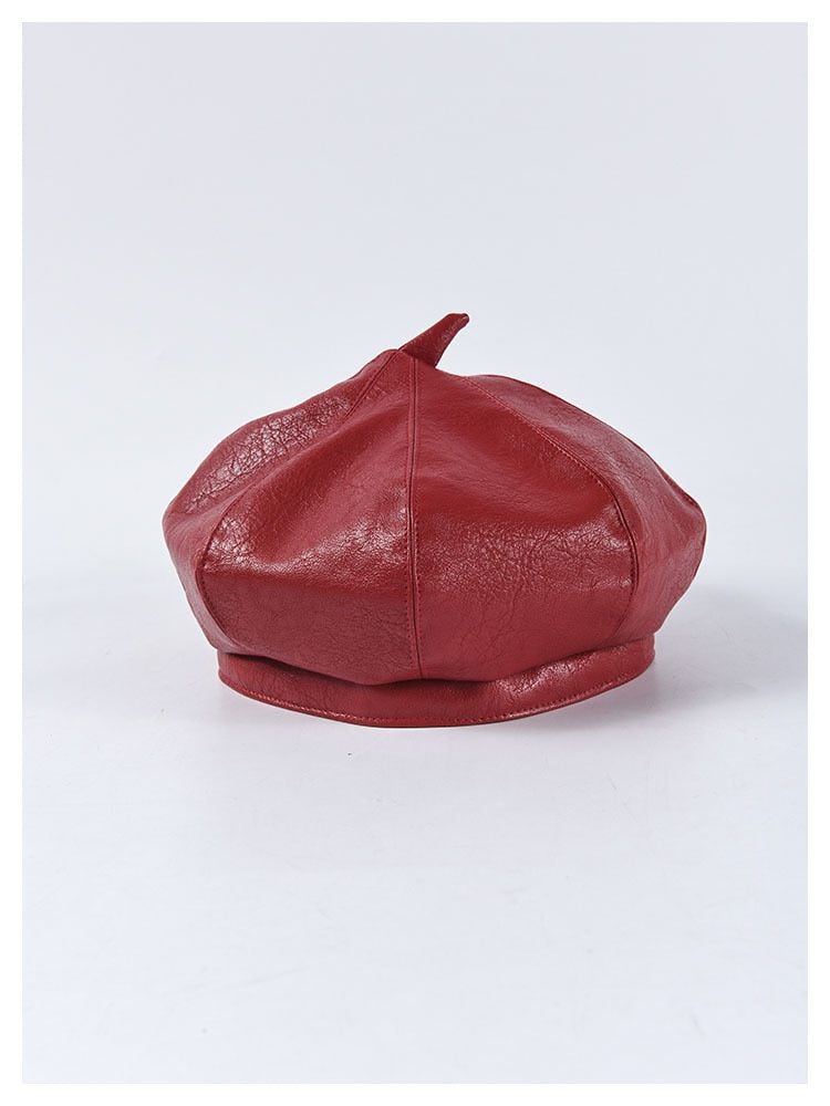 Boho Hat, Leather Beret Hat, Autumn in Beige , Red, Yellow and 9 colors