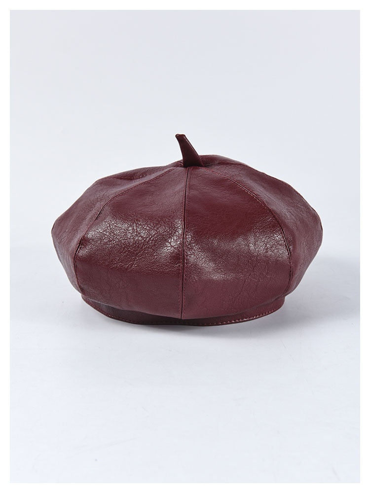 Boho Hat, Leather Beret Hat, Autumn in Beige , Red, Yellow and 9 colors
