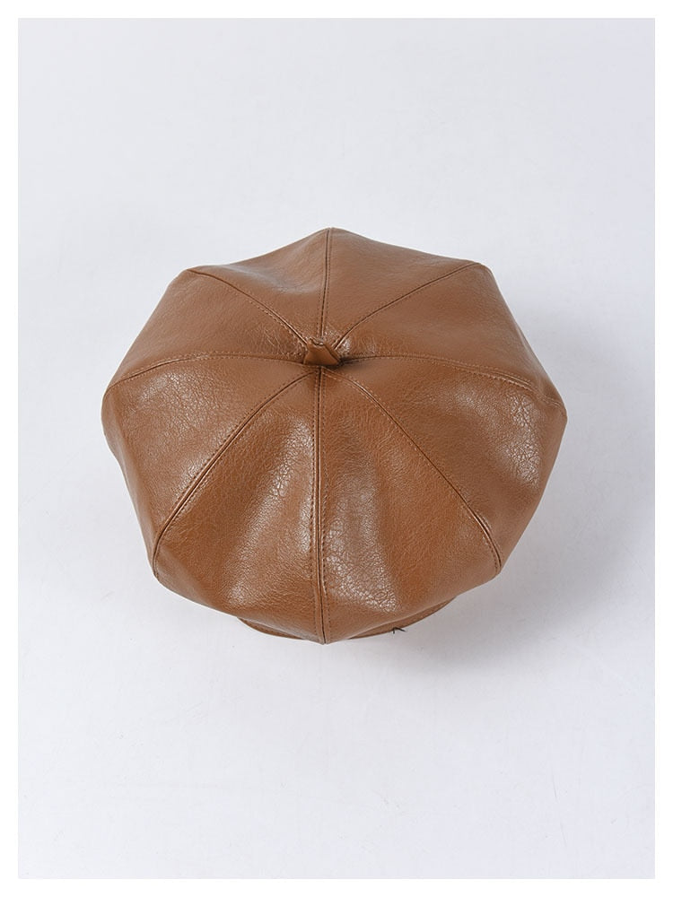 Boho Hat, Leather Beret Hat, Autumn in Beige , Red, Yellow and 9 colors