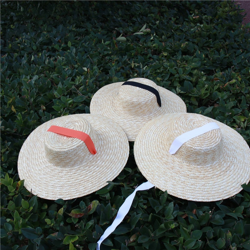 Boho Hat, Sun Beach Hat, Wide Brim Straw Hat 10 cm, Black, White, Orange Ribbon