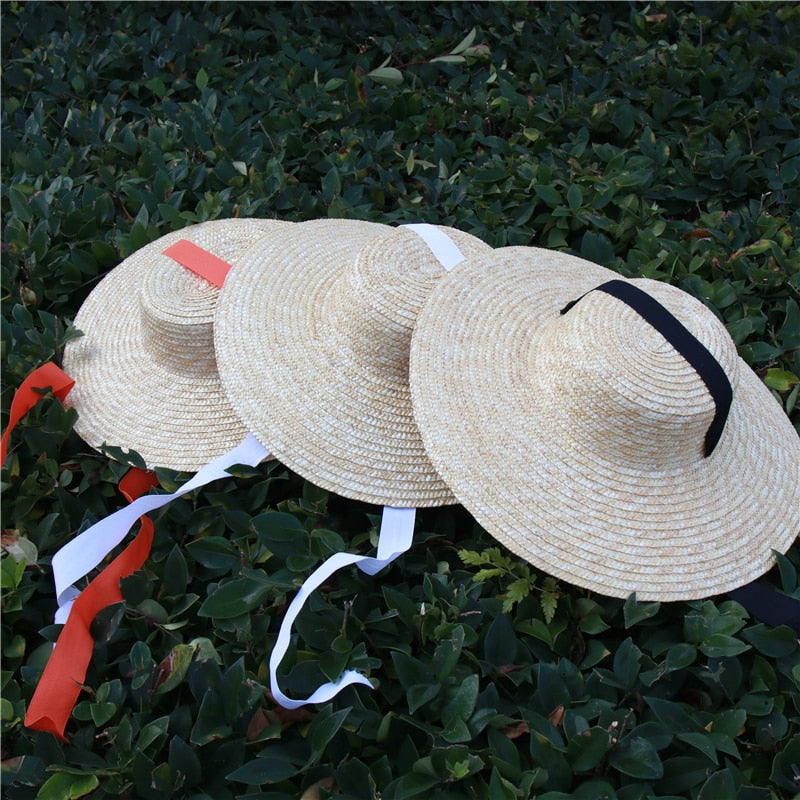 Boho Hat, Sun Beach Hat, Wide Brim Straw Hat 10 cm, Black, White, Orange Ribbon
