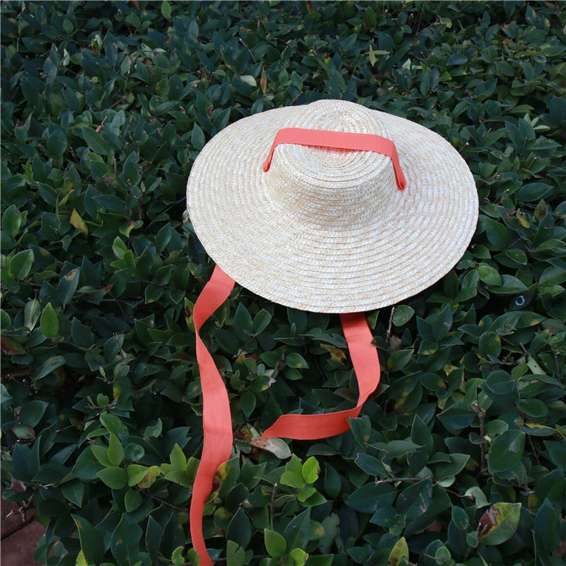 Boho Hat, Sun Beach Hat, Wide Brim Straw Hat 10 cm, Black, White, Orange Ribbon