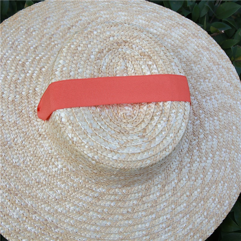 Boho Hat, Sun Beach Hat, Wide Brim Straw Hat 10 cm, Black, White, Orange Ribbon