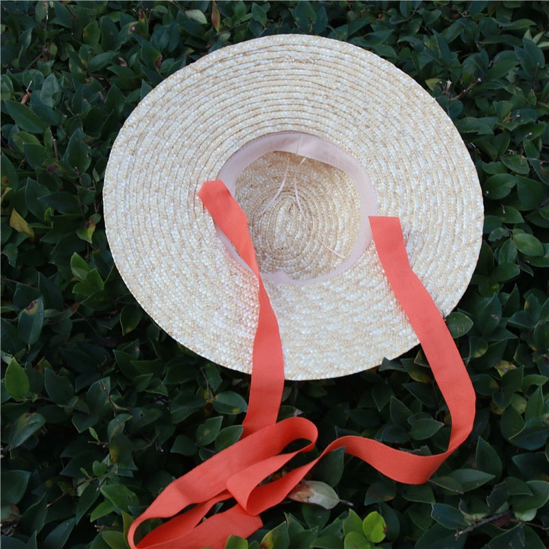 Boho Hat, Sun Beach Hat, Wide Brim Straw Hat 10 cm, Black, White, Orange Ribbon