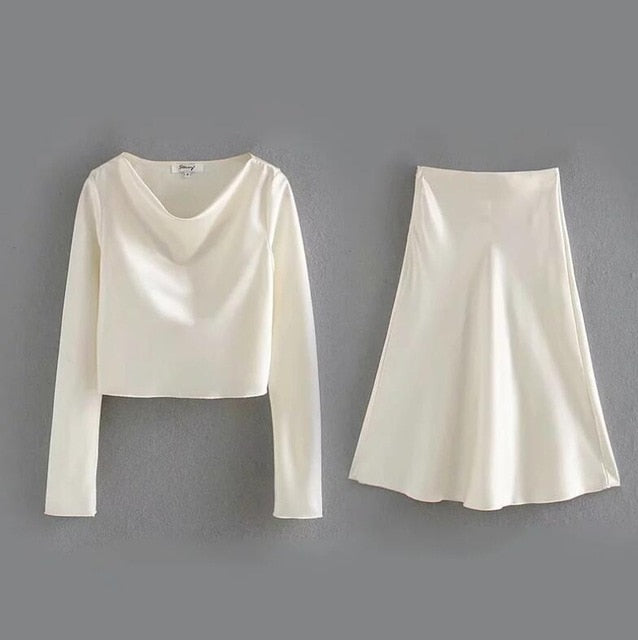 Boho Two Piece Set, Crop Top and Skirt, Glam Satin White, Black and Pink
