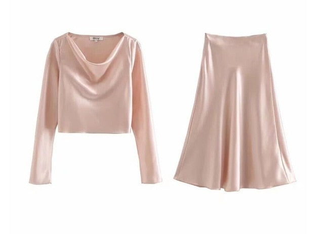Boho Two Piece Set, Crop Top and Skirt, Glam Satin White, Black and Pink