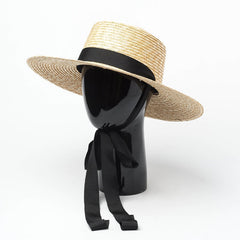 Boho Hat - Summer Sun, Beach, Wide Brim Straw Hat with Minnie Black Ribbon