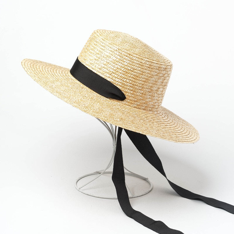 Boho Hat - Summer Sun, Beach, Wide Brim Straw Hat with Minnie Black Ribbon