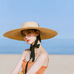 Boho Hat, Sun Beach Hat, Wide Brim Straw Hat 10 cm, Black, White, Orange Ribbon