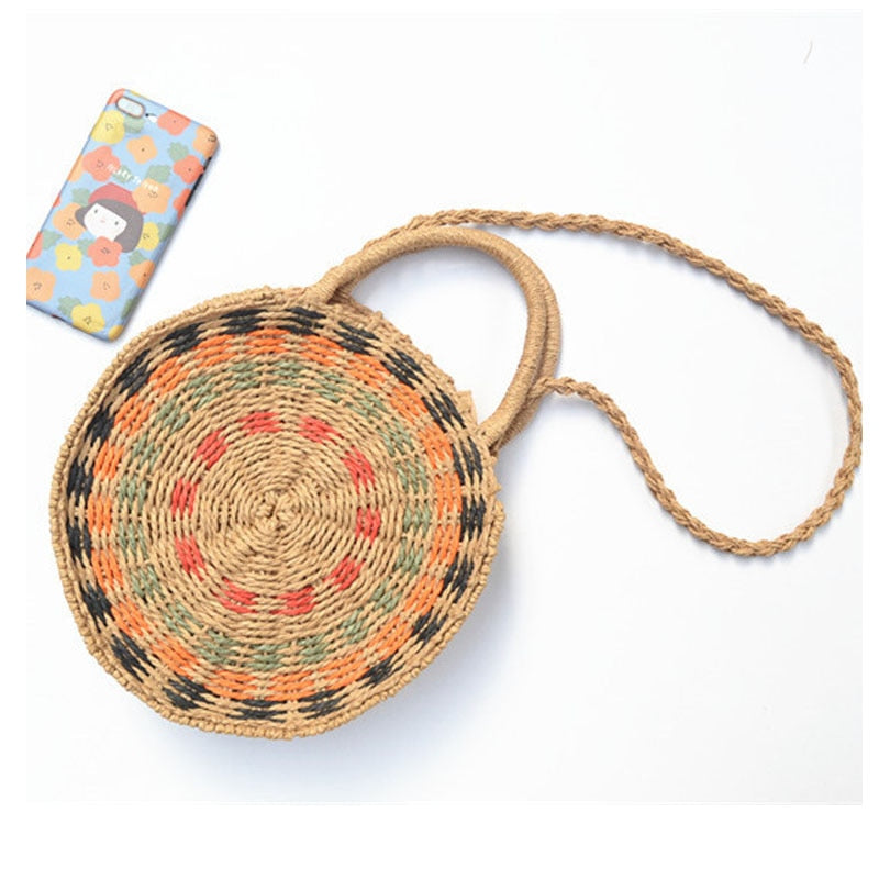 Boho Bag, Woven Round Straw Bag, Alba Yellow Rainbow