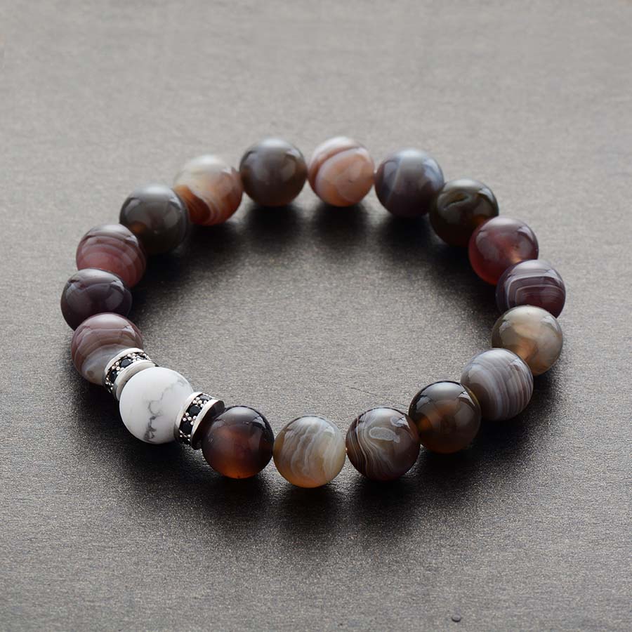 Boho Bracelet, Stretchy Bracelet, Black Botswana Onyx, Howlite
