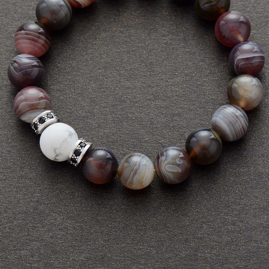 Boho Bracelet, Stretchy Bracelet, Black Botswana Onyx, Howlite