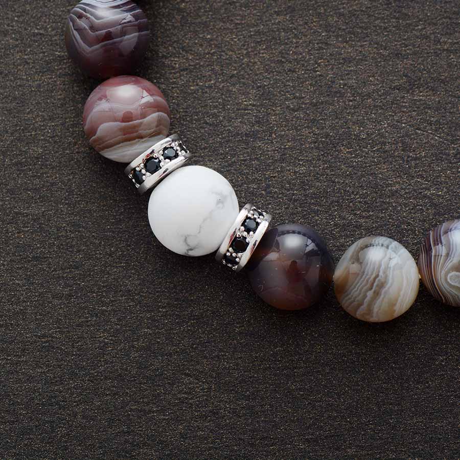 Boho Bracelet, Stretchy Bracelet, Black Botswana Onyx, Howlite
