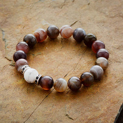 Boho Bracelet, Stretchy Bracelet, Black Botswana Onyx, Howlite