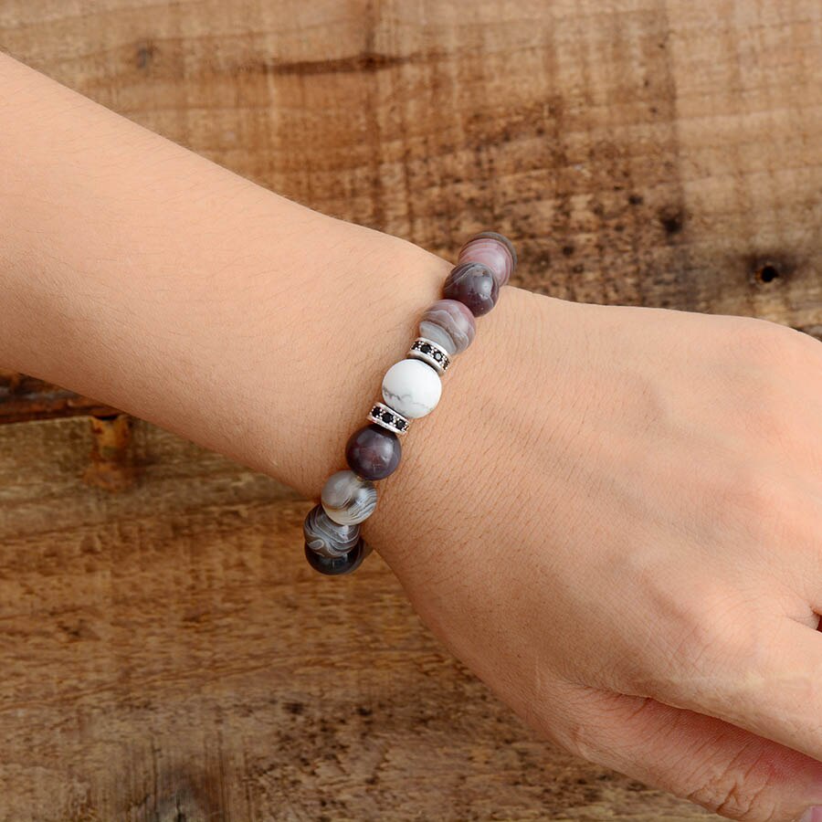 Boho Bracelet, Stretchy Bracelet, Black Botswana Onyx, Howlite