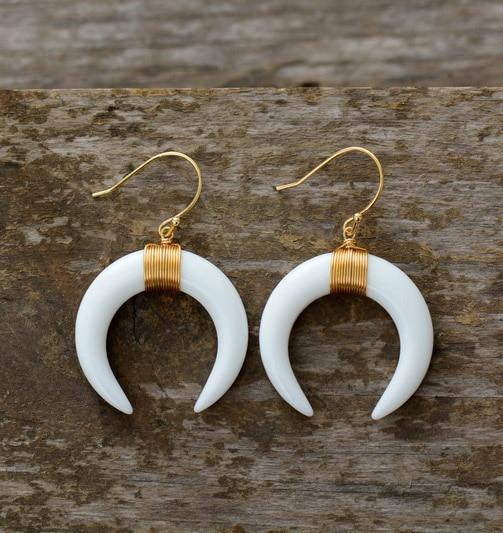 Boho Earrings, Dangle Earrings, Ox Horn, Shell White and Black Onyx Crescent
