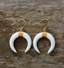 Boho Earrings, Dangle Earrings, Ox Horn, Shell White and Black Onyx Crescent