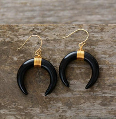 Boho Earrings, Dangle Earrings, Ox Horn, Shell White and Black Onyx Crescent