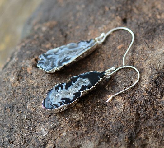 Boho Earrings, Dangle Earrings, Black Druzy