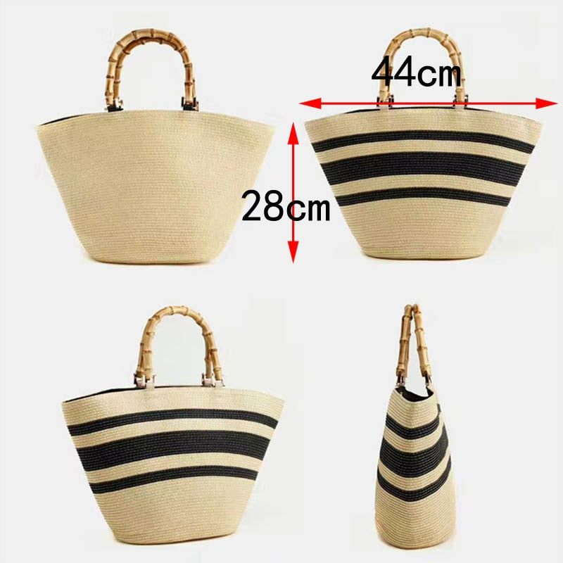 Boho Bag, Woven Grass Straw Basket Bag, Bamboo Handle in Black, Ivory, Pink and Blue