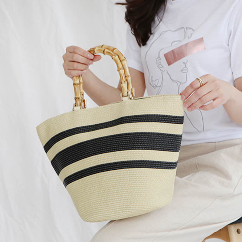 Boho Bag, Woven Grass Straw Basket Bag, Bamboo Handle in Black, Ivory, Pink and Blue