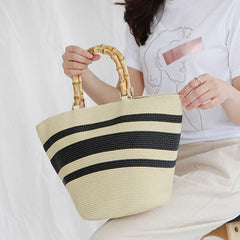 Boho Bag, Woven Grass Straw Basket Bag, Bamboo Handle in Black, Ivory, Pink and Blue