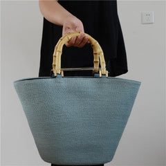 Boho Bag, Woven Grass Straw Basket Bag, Bamboo Handle in Black, Ivory, Pink and Blue